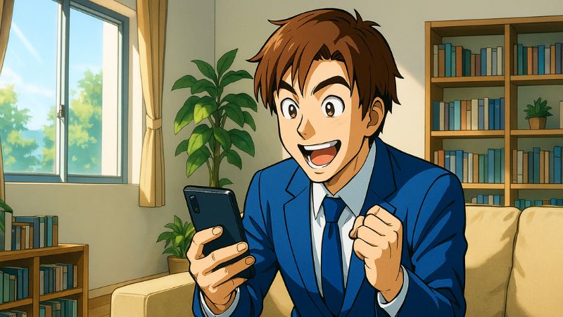 通信費が下がって喜ぶ男性