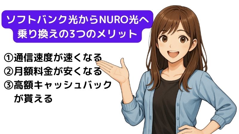 ソフトバンク光からNURO光へ乗り換えのメリットを解説する女性