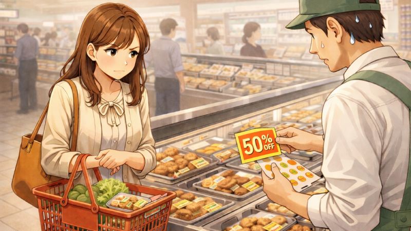 惣菜の値引シールをじっと待っている主婦