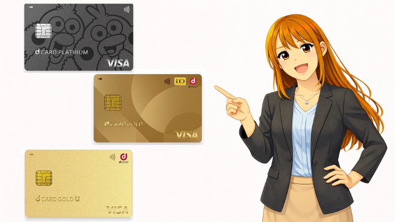 ドコモ ポイ活 MAXに各種dカードを持った方がいいか説明する女性
