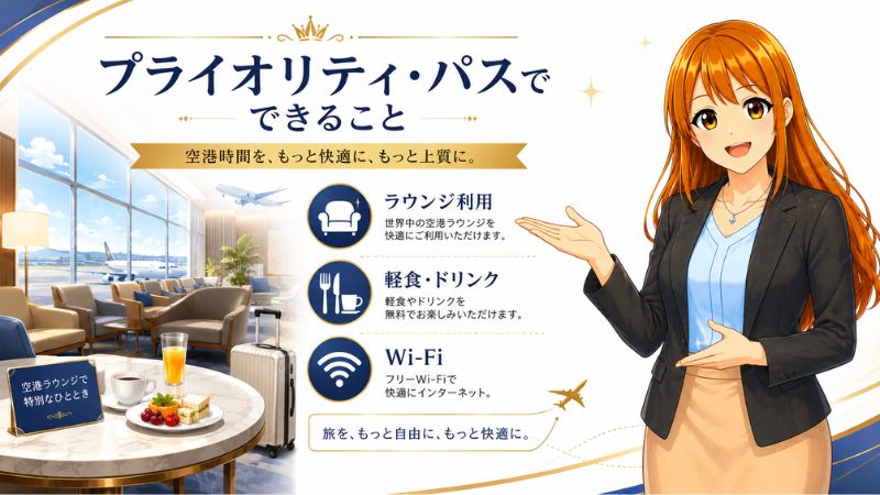 dカード PLATINUMのプライオリティ・パスでできることを説明する女性