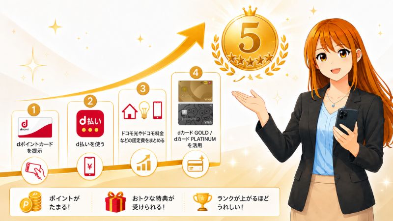 dポイントクラブ会員ランクを上げるコツを解説する女性
