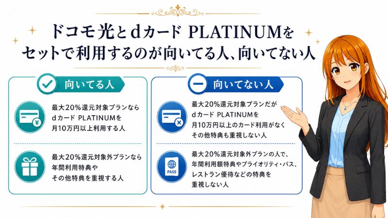 ドコモ光とdカード PLATINUMをセットで利用するのが、向いている人向いてない人を解説する女性