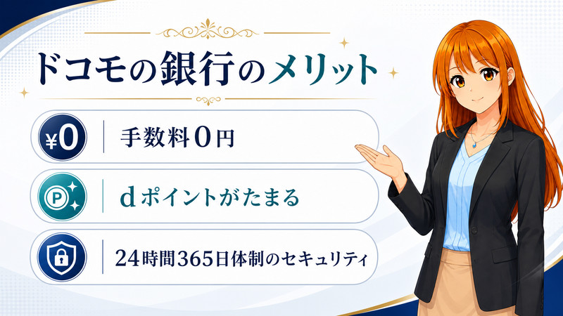 ドコモの銀行のメリットとして手数料0円、dポイント、セキュリティを説明する女性