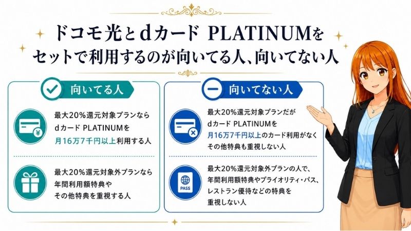 ドコモ光とdカード PLATINUMをセットで利用するのが、向いている人向いてない人を解説する女性
