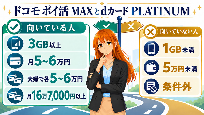 ドコモ ポイ活 MAXとdカード PLATINUMが向いている人・向いていない人を、データ利用量とカード利用額で分けた図